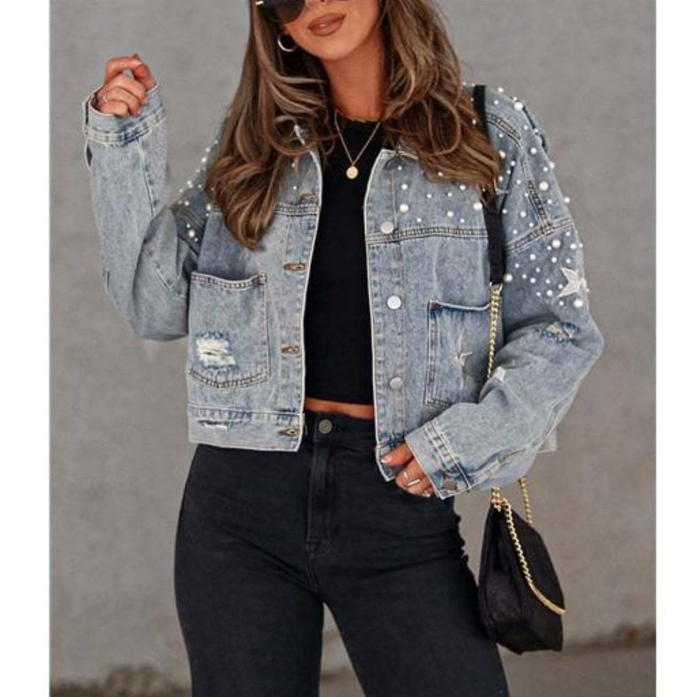 Light Embroidered Oversized Distressed Pearl Beaded Crop Denim Jean Jacket Coat